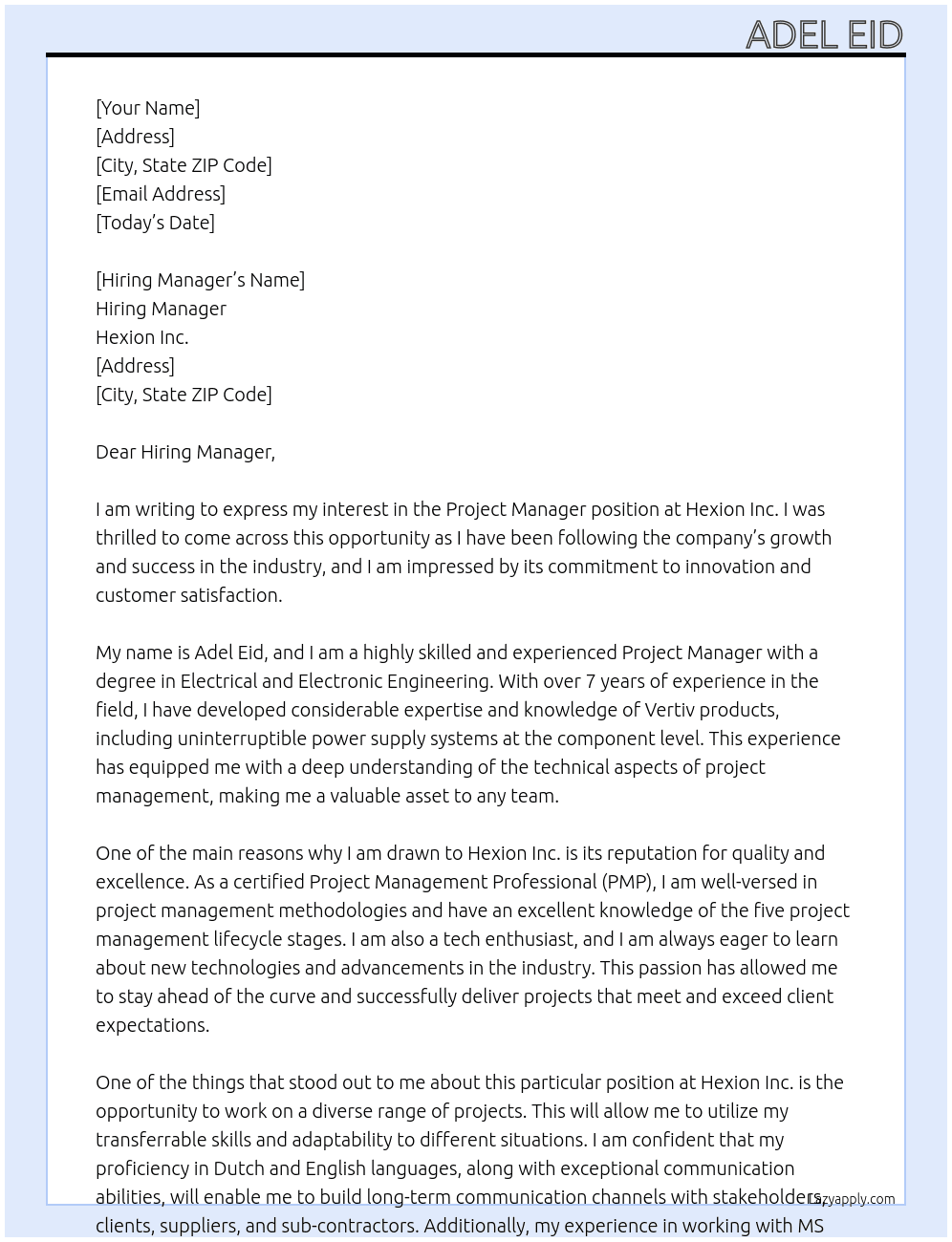 Project Manager At Hexion Inc. Cover Letter