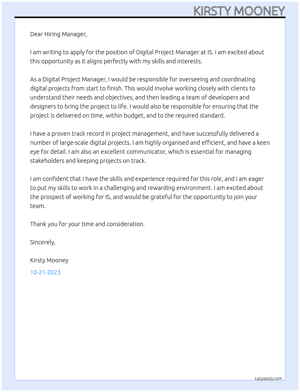Digital Project Manager At IS Cover Letter