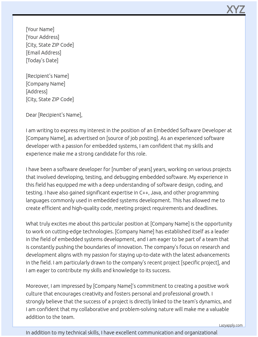 Embedded Software developer At freelance job Cover Letter