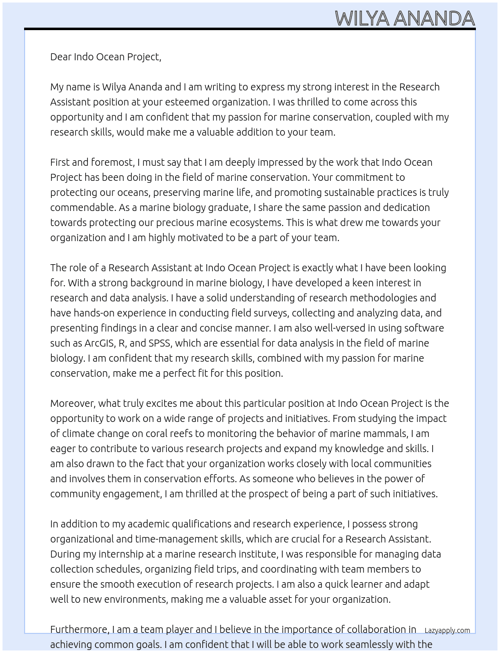 Research Assistant At Indo Ocean Project Cover Letter