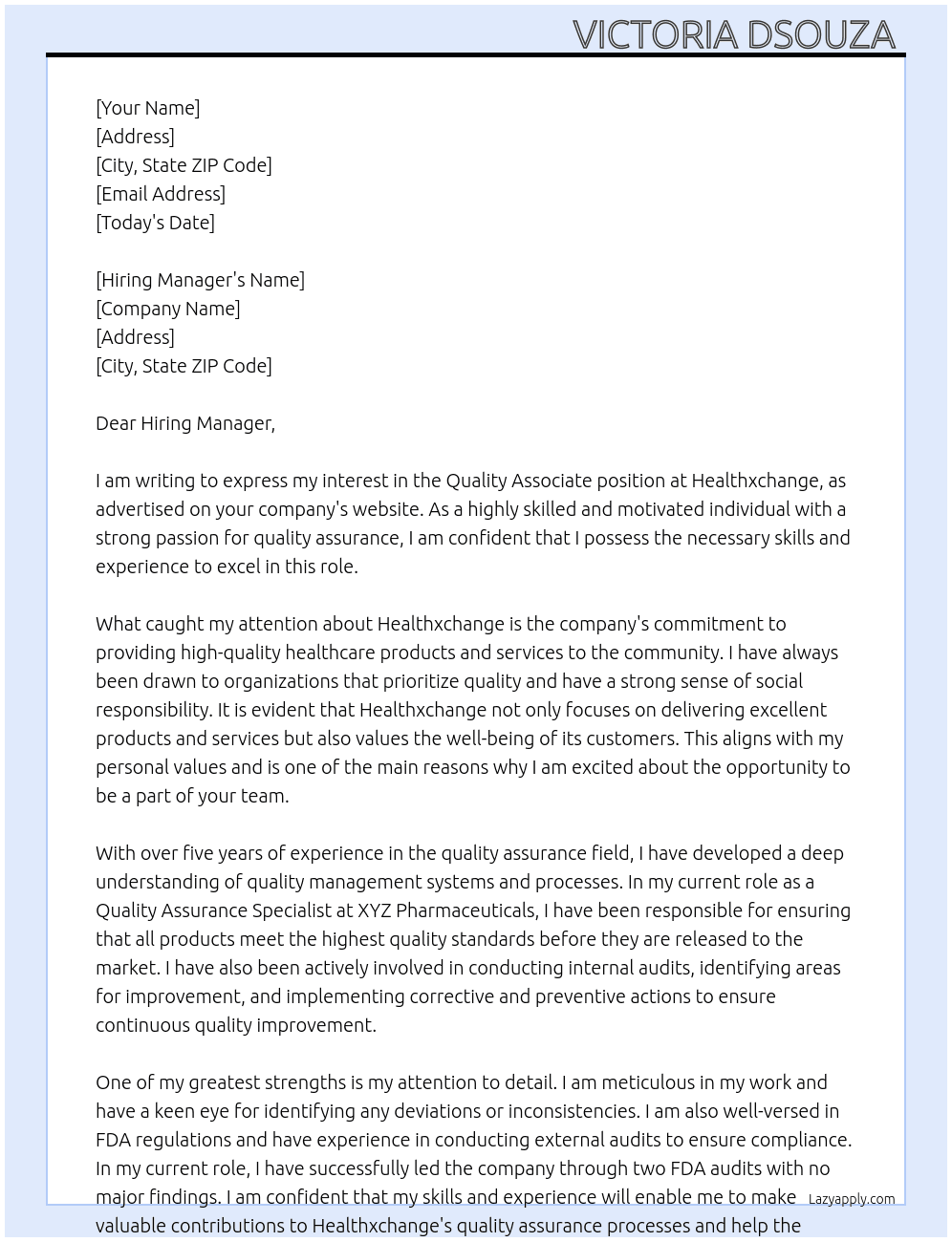 Quality Associate  At Healthxchange Cover Letter