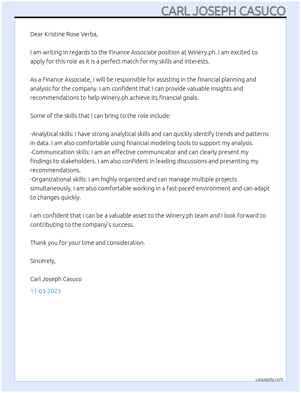 Finance Associate At Winery.ph Cover Letter