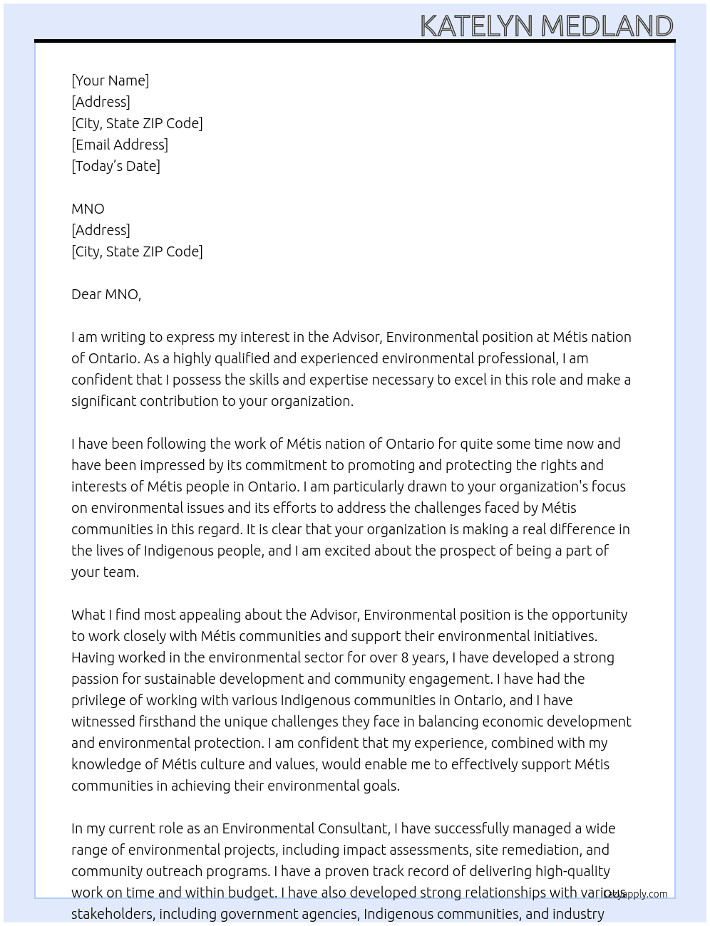 Advisor, Environmental At Métis nation of Ontario  Cover Letter
