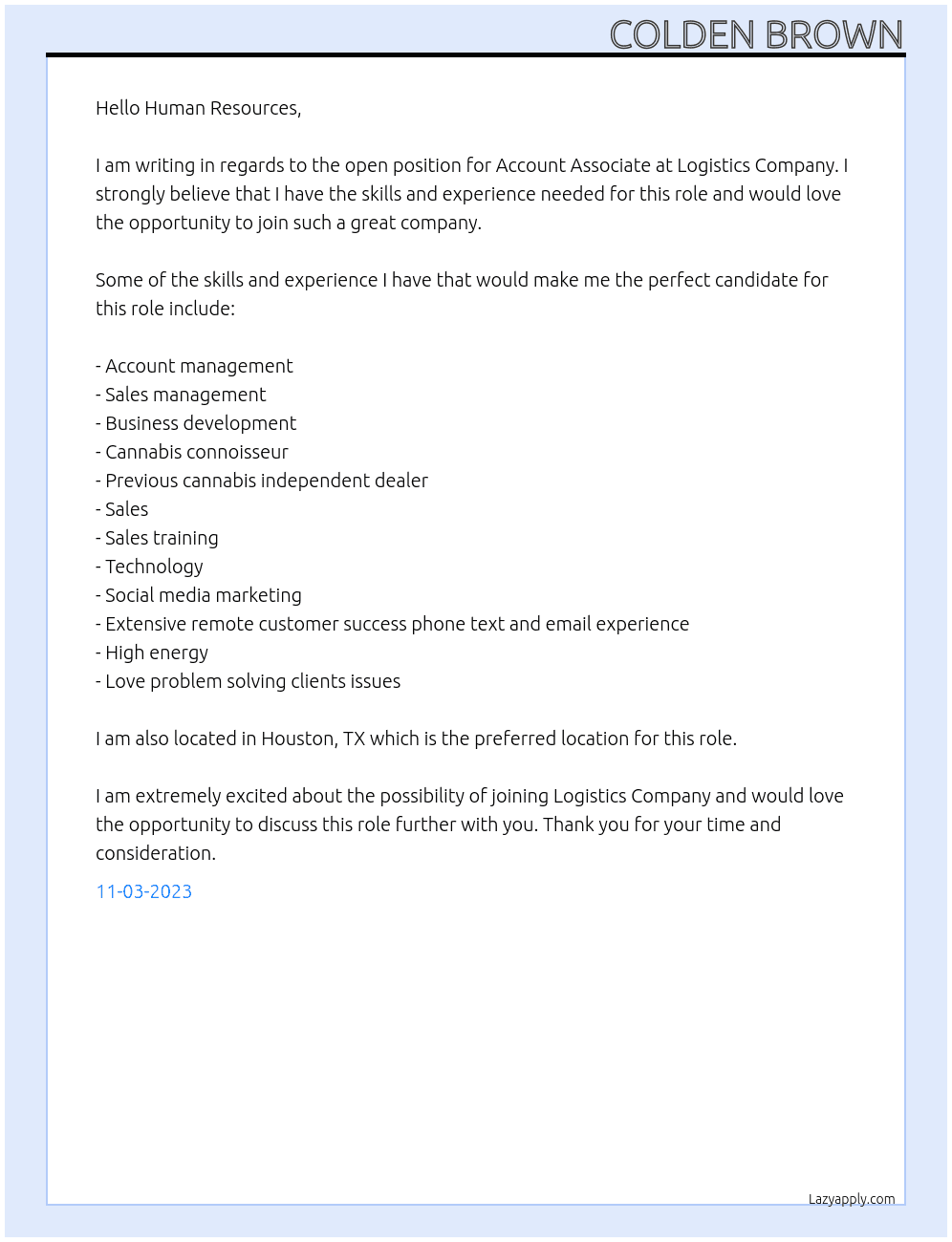 Account Associate At Logistics Company  Cover Letter
