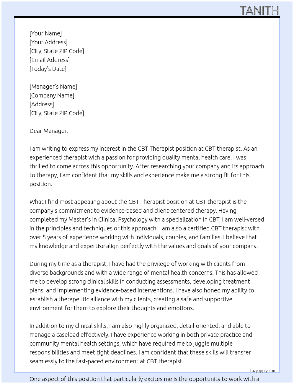 CBT Therapist At CBT therapist Cover Letter