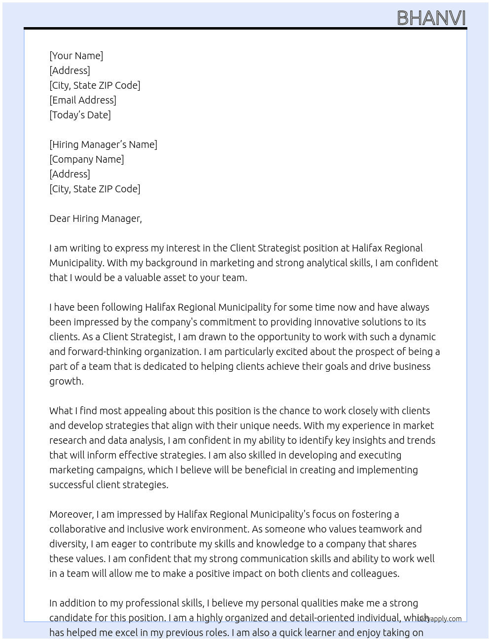Client Strategist At Halifax Regional Municipality Cover Letter