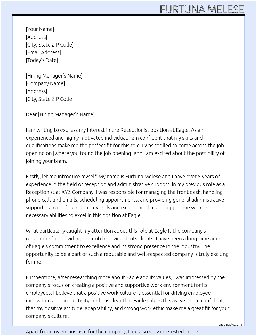Receptionist  At Eagle Cover Letter