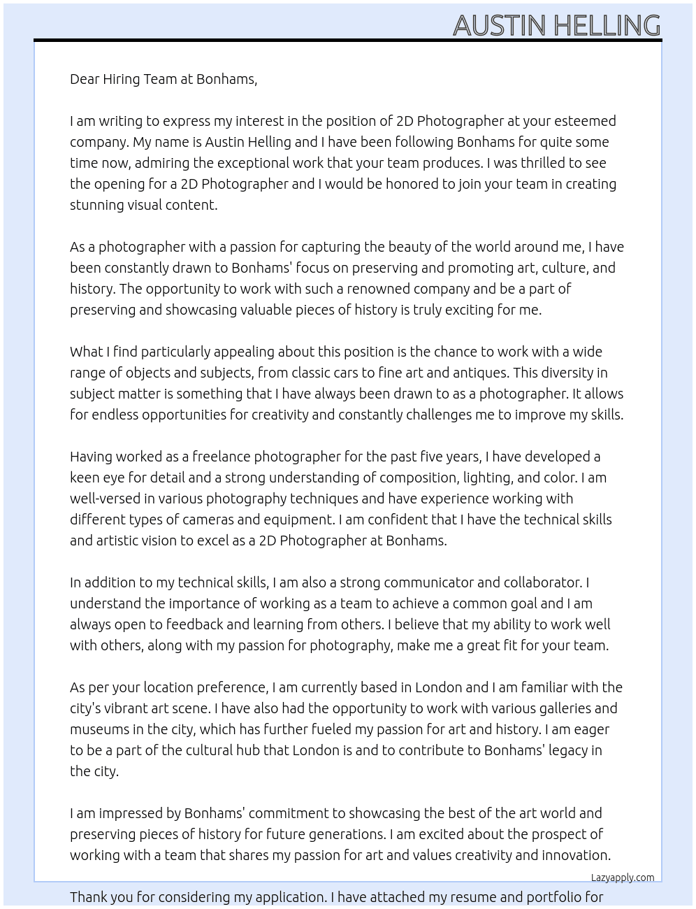 Cover letter for 2d photographer - LazyApply