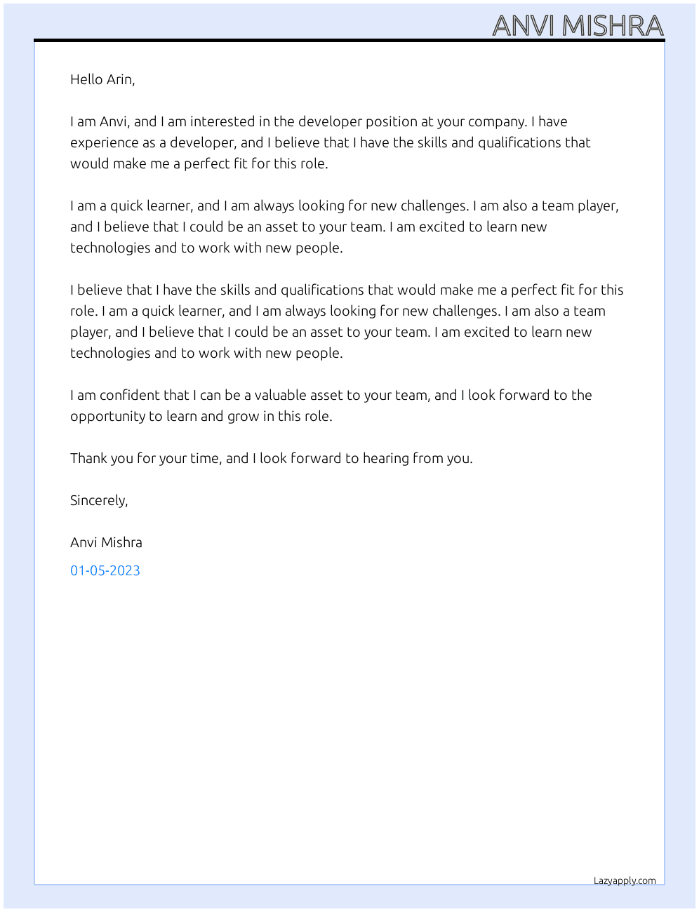 Devloper  At Na Cover Letter
