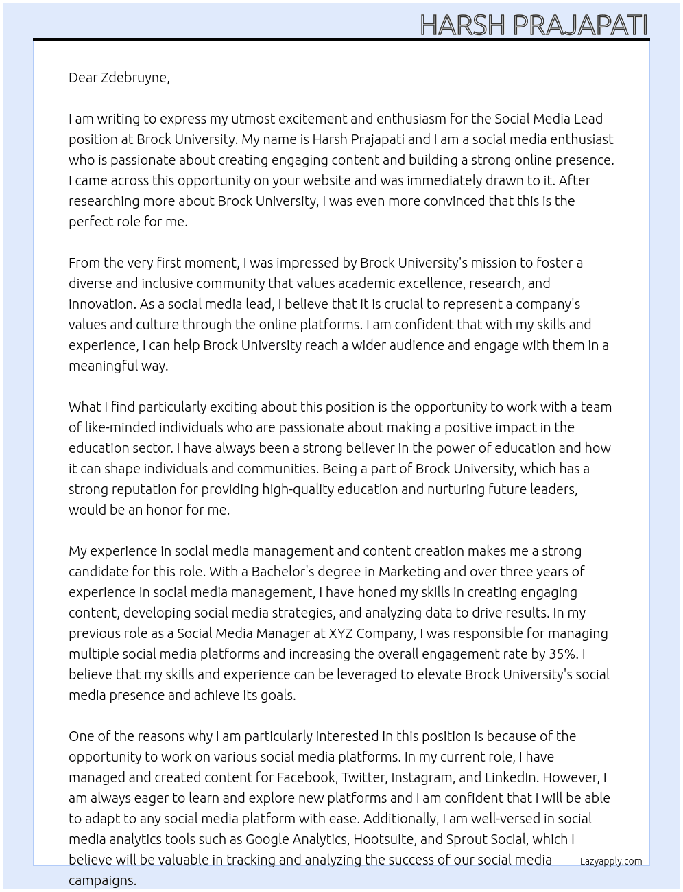 Social Media Lead Poistion At Brock University Cover Letter