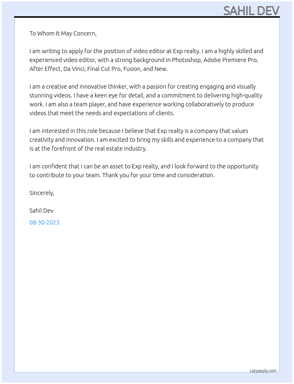 Video editior At Exp realty Cover Letter