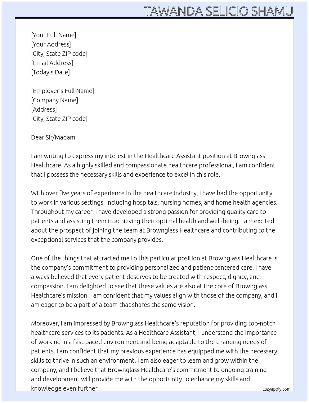 Healthcare Assistant  At Brownglass Healthcare Cover Letter