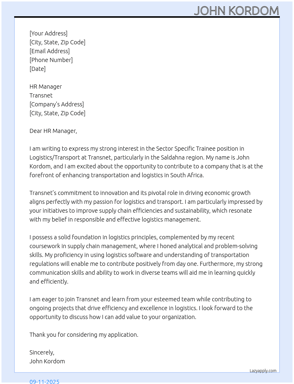 Sector specific trainee At transnet Cover Letter