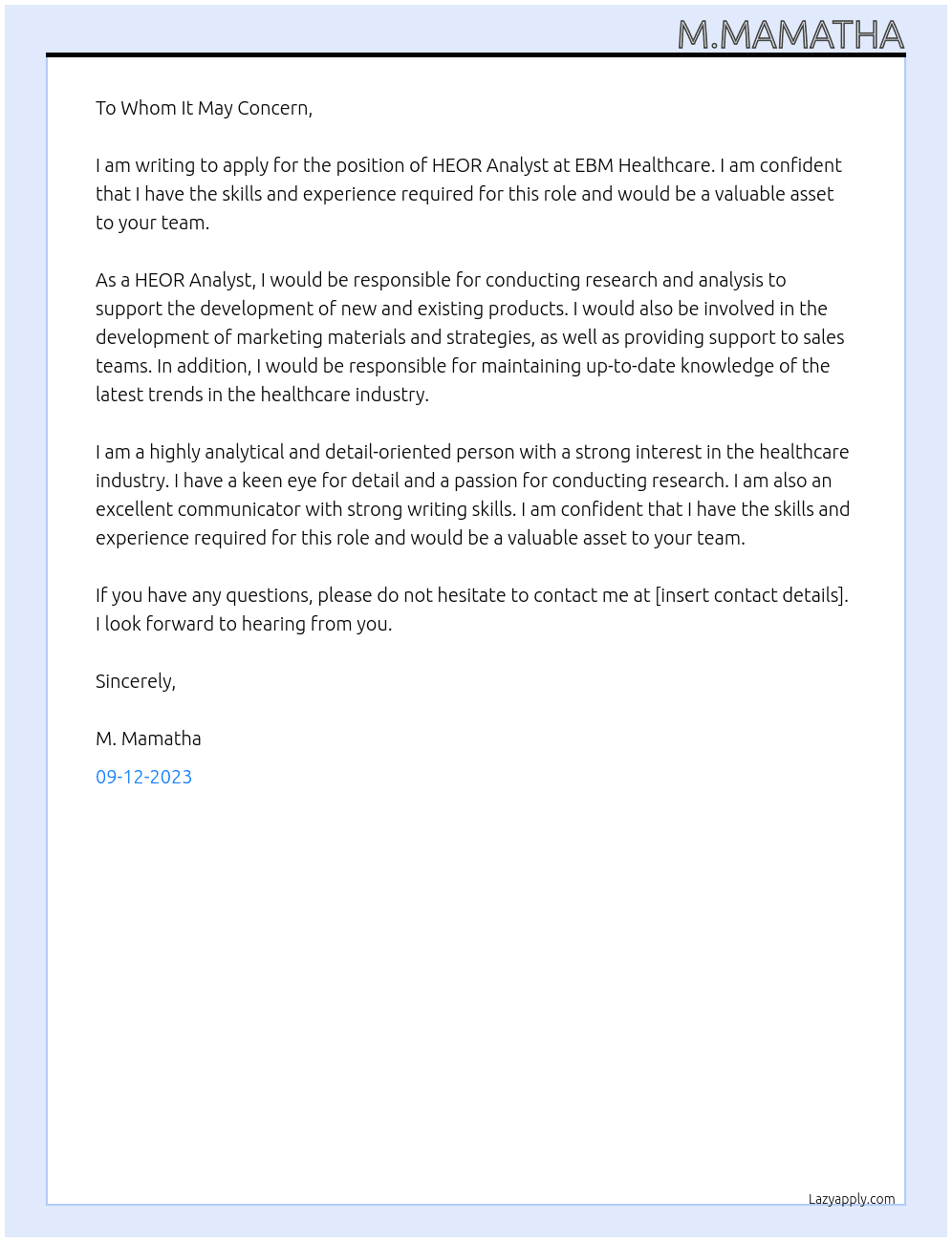 HEOR Analyst At EBM Healthcare Cover Letter