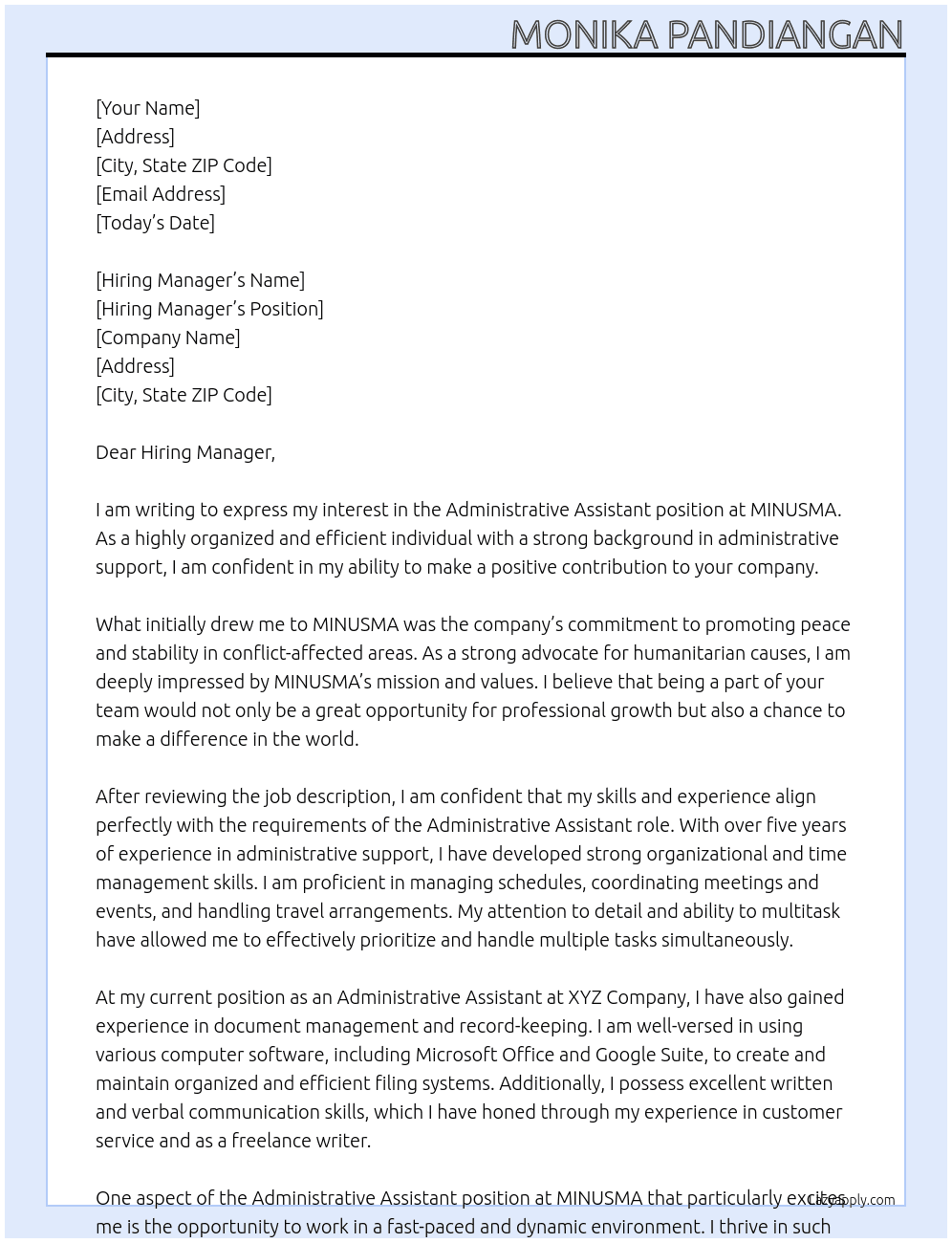 Administrative Assistant At MINUSMA Cover Letter