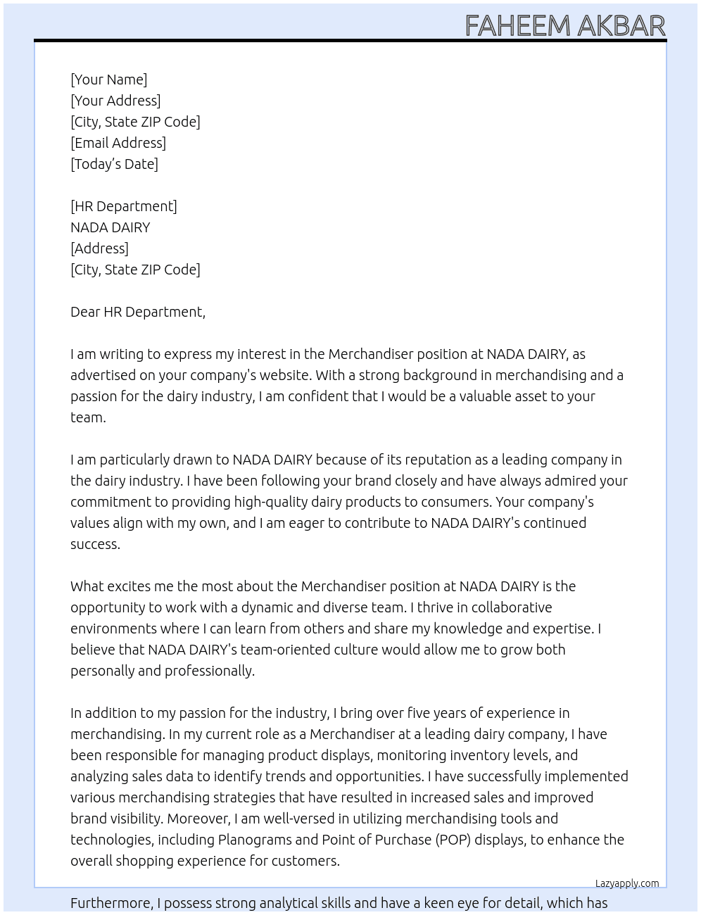 Merchandiser  At NADA DAIRY Cover Letter
