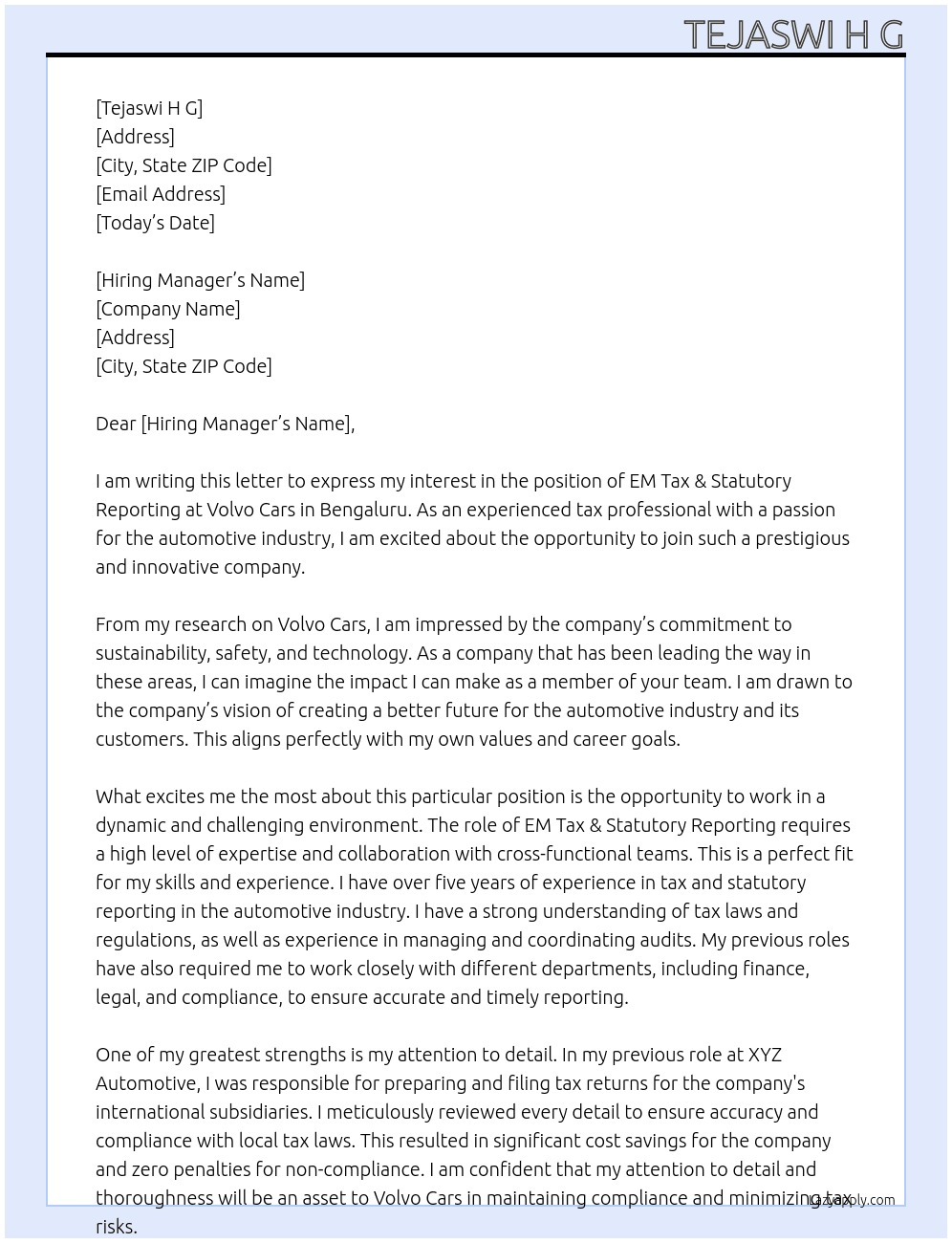 EM Tax & Statutory Reporting At Volvo cars  Cover Letter