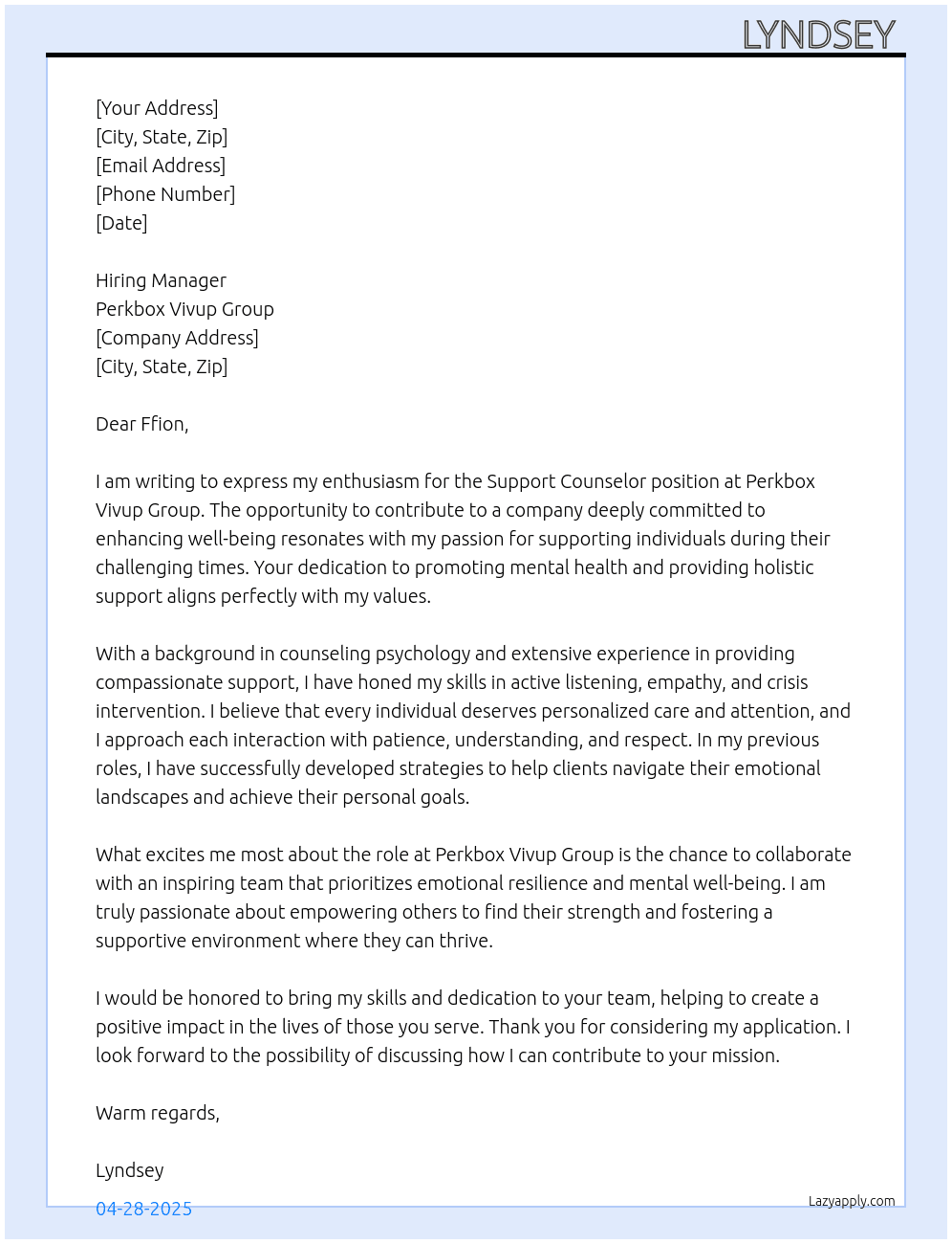 Support counselor  At Perkbox Vivup Group Cover Letter