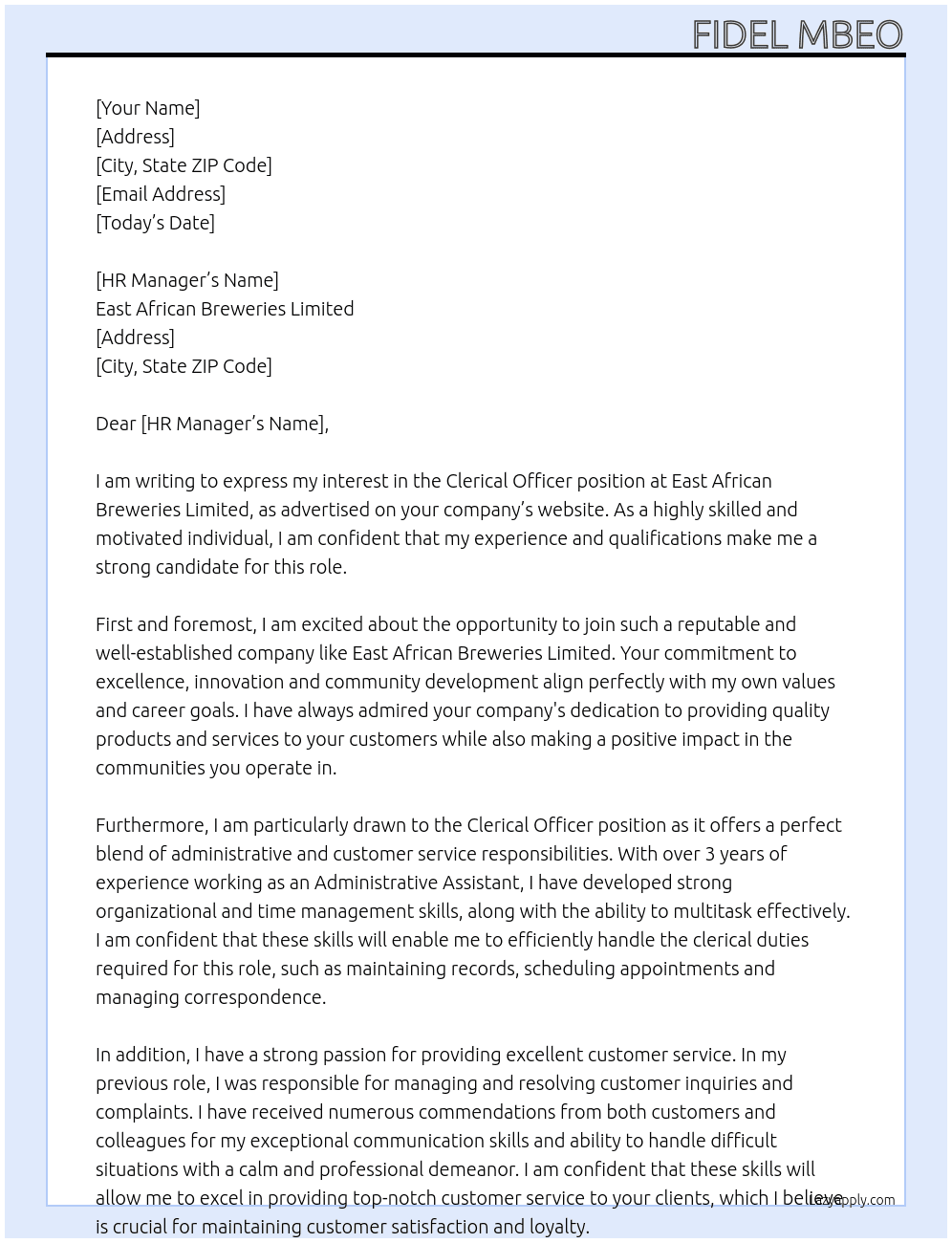 Clerical Officer At East African Breweries Limited Cover Letter