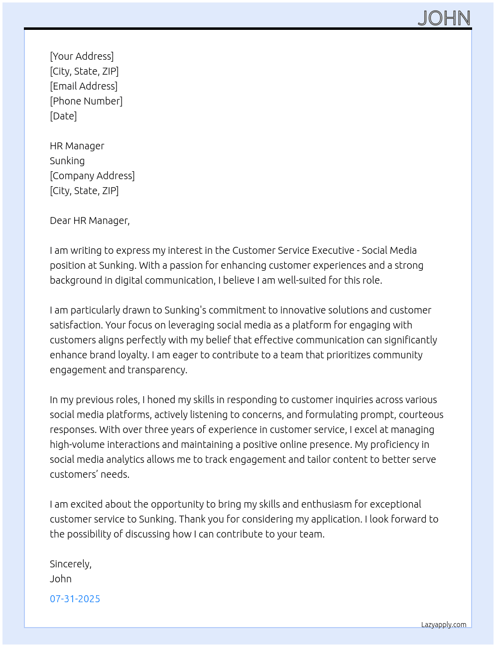 Customer Service Executive - social media  At Sunking Cover Letter