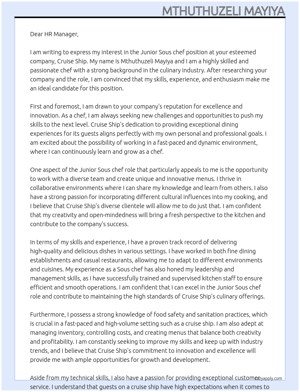 Junior Sous chef At Cruise ship Cover Letter