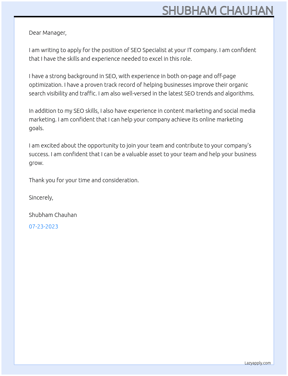 SEO Specialist  At IT company Cover Letter