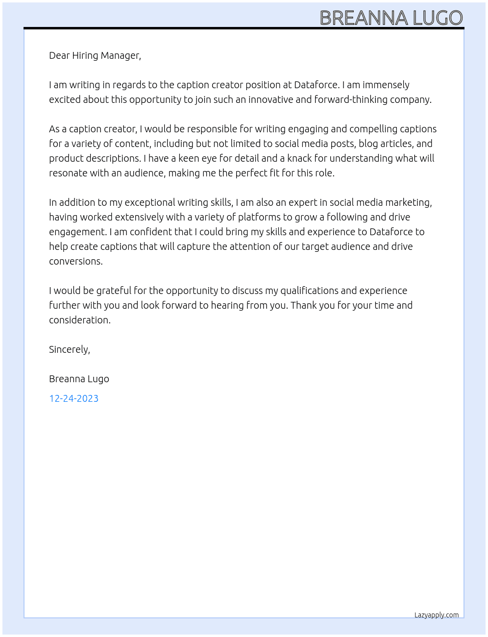 Caption Creator At Dataforce Cover Letter