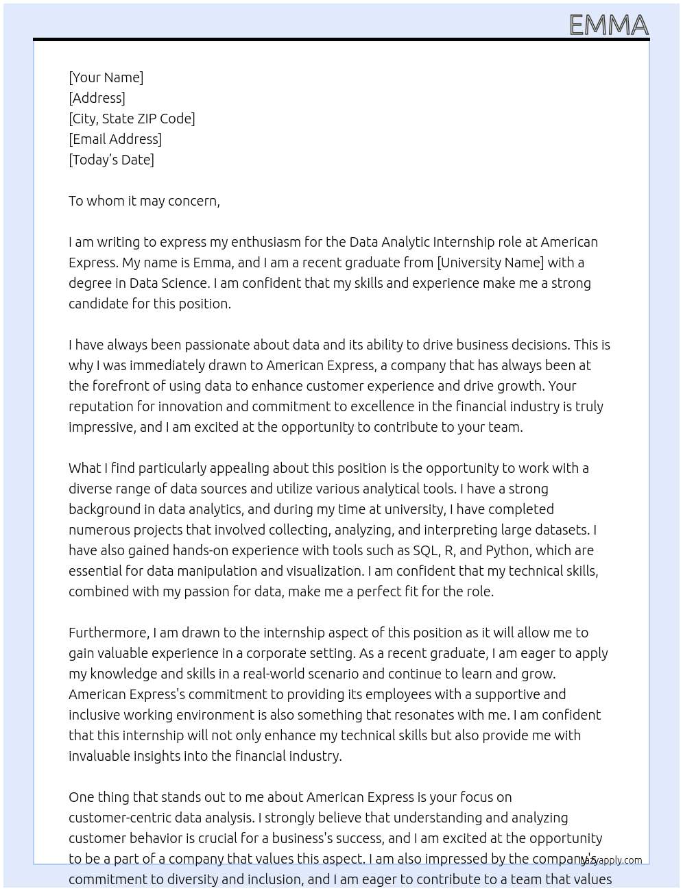 Data analytic At American Express Cover Letter