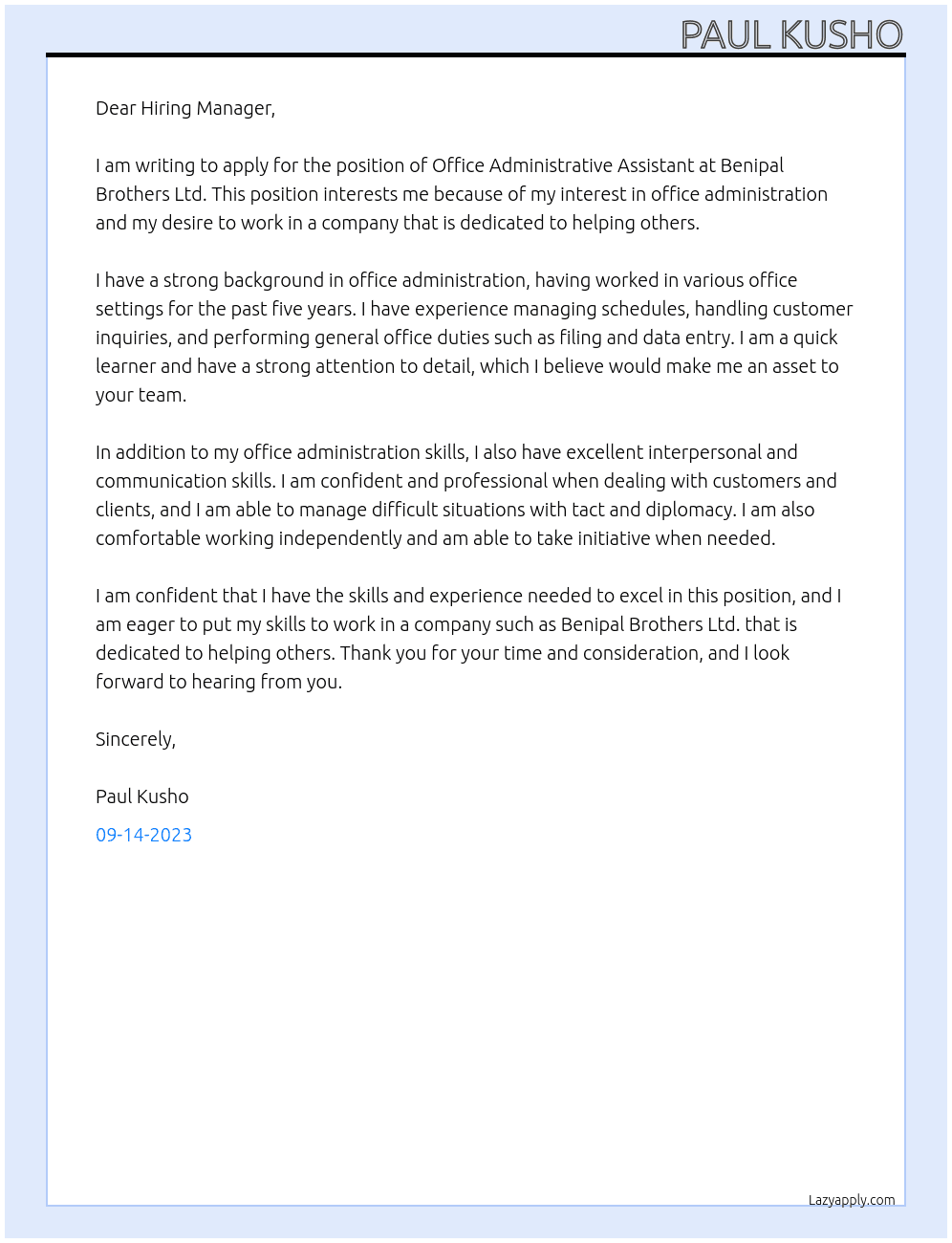 Office Administrative Assistant  At Benipal Brothers Ltd Cover Letter