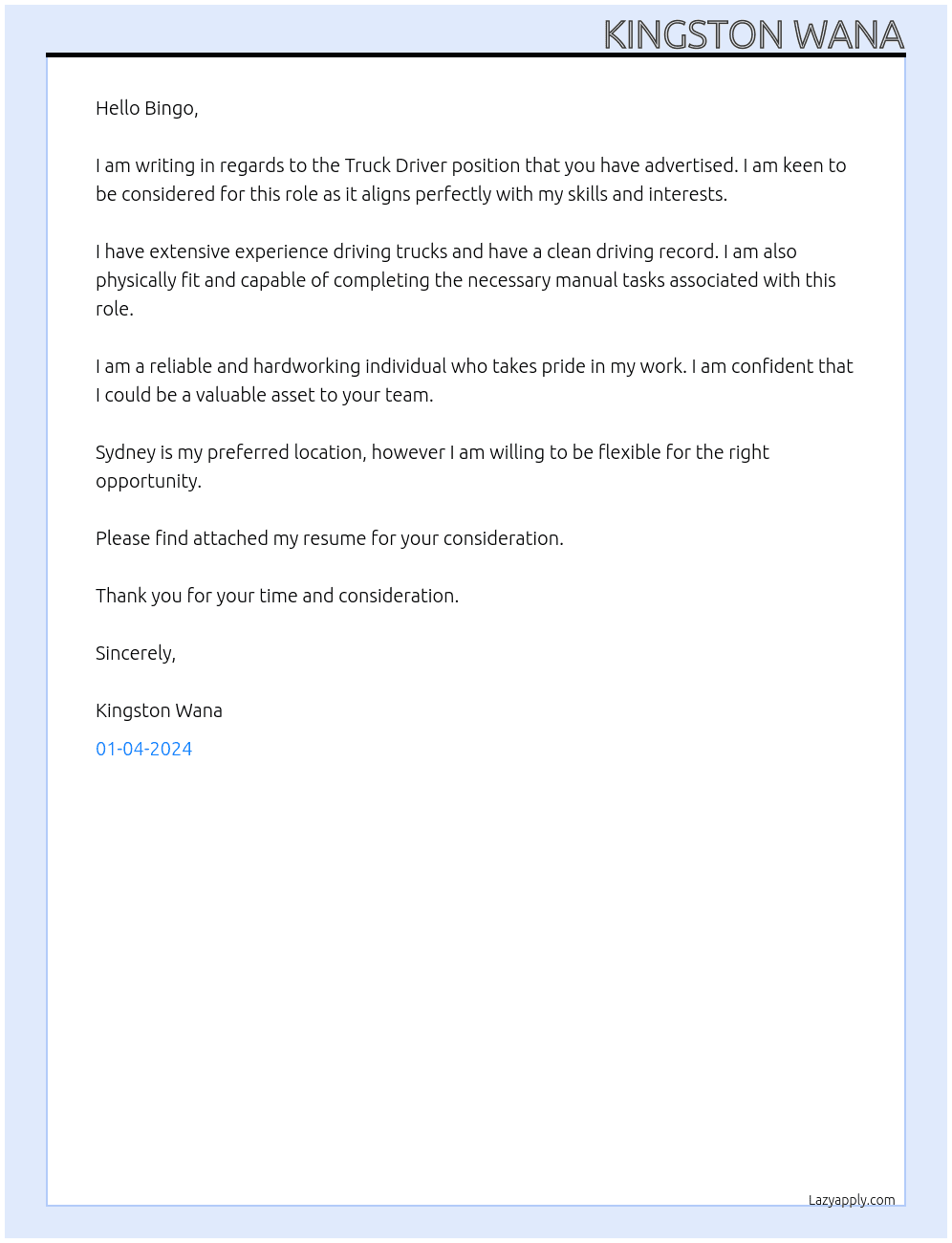 Truck Driver At Bingo Cover Letter