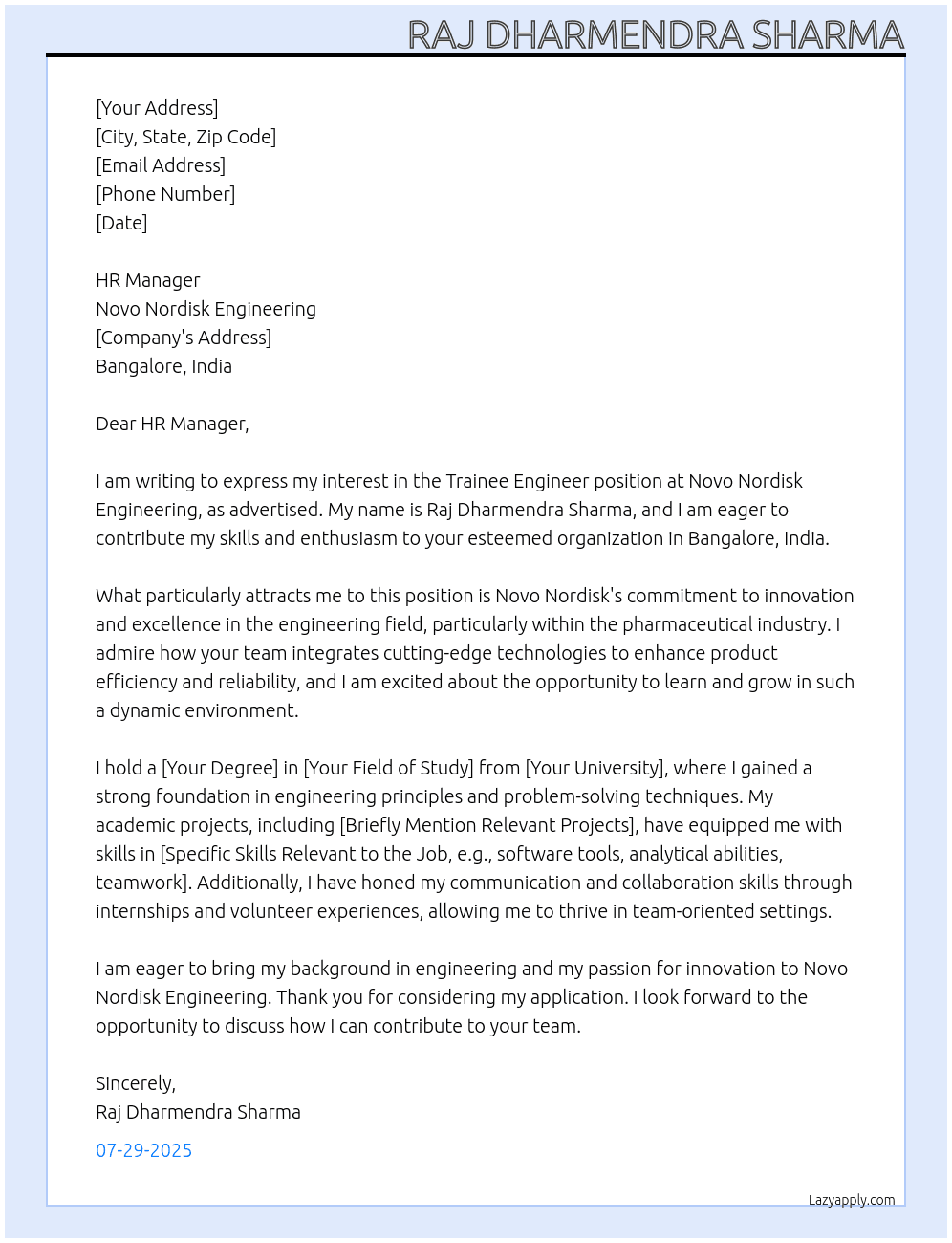 Trainee engineer At Novo Nordisk Engineering Cover Letter