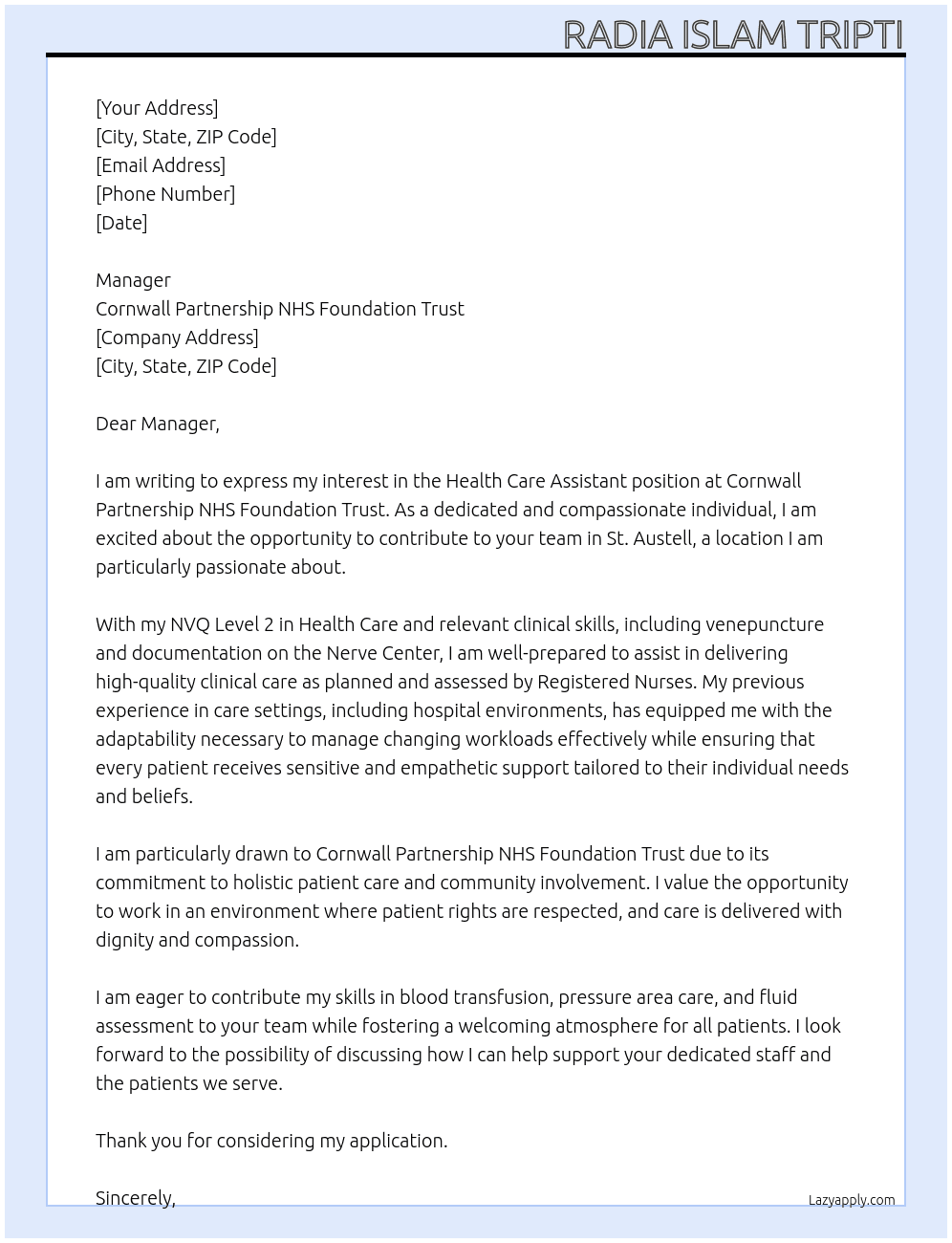 Health care assistant  At Cornwall partnership NHS Foundation Trust  Cover Letter