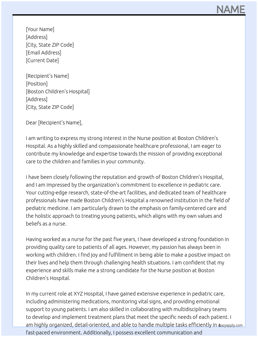 Nurse At Boston Children's Hospital Cover Letter