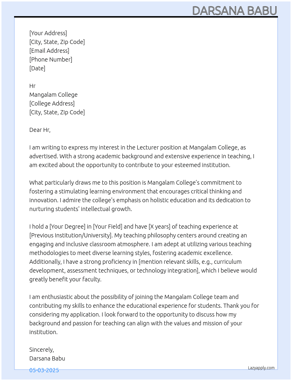 Lecturer At Mangalam college Cover Letter