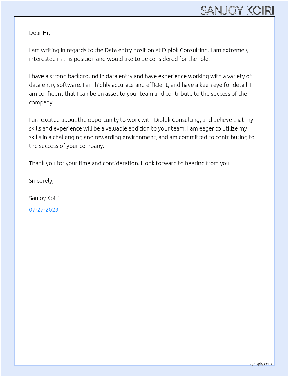 Data entry  At Diplok Consulting Cover Letter