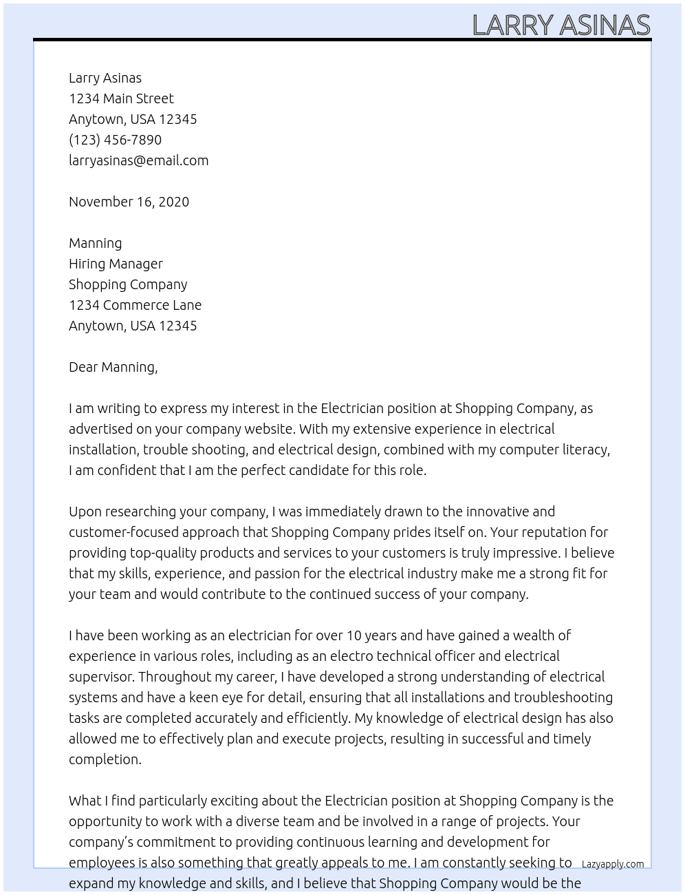Electrician At Shopping company Cover Letter