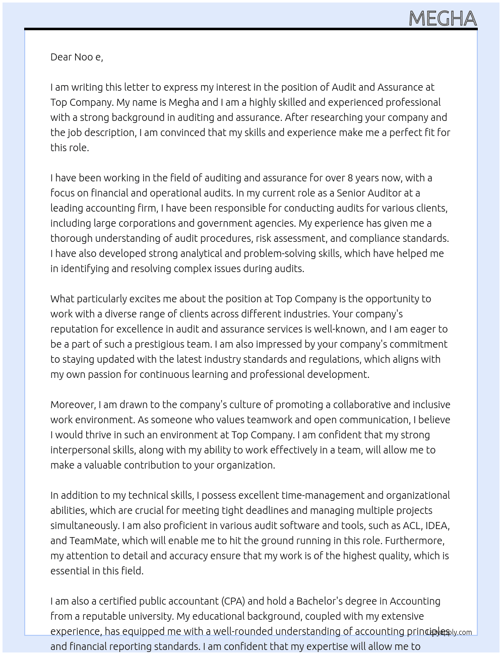 Audit and assurance  At ...top Cover Letter
