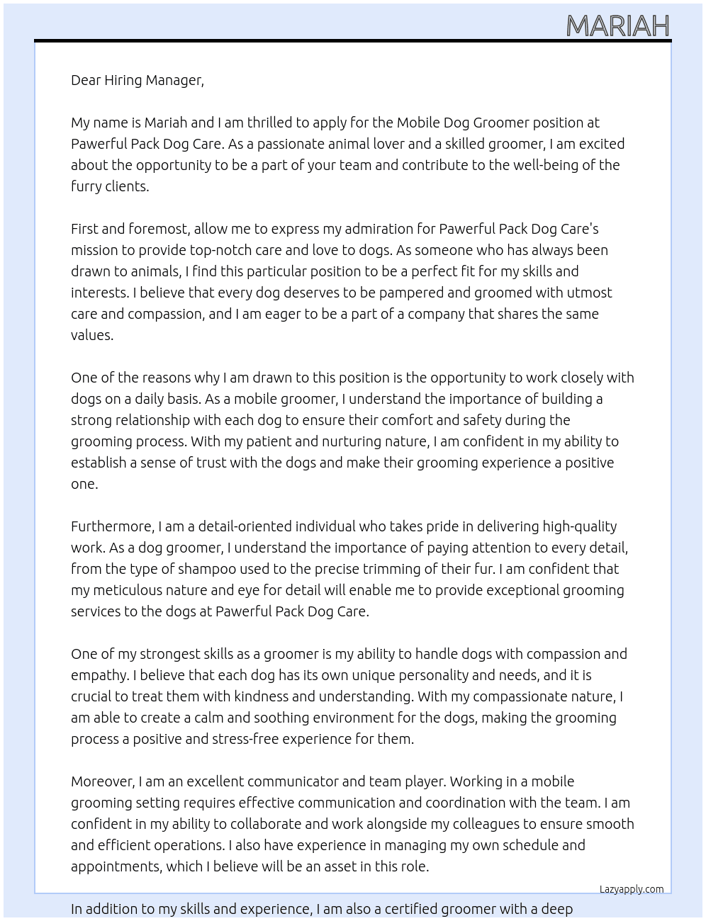 Mobile dog groomer At Pawerful Pack Dog Care Cover Letter