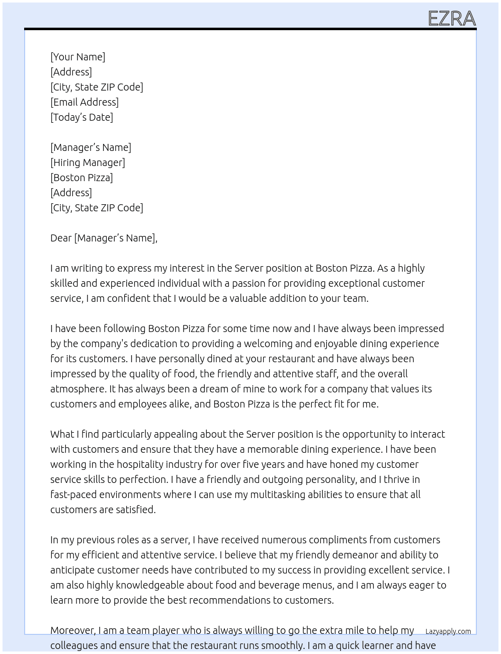 server At Boston pizza Cover Letter