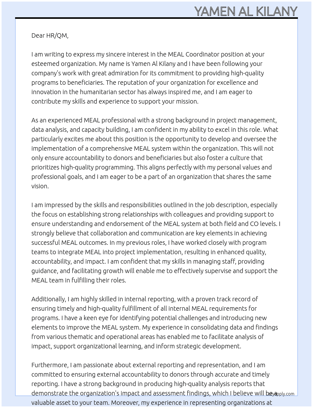 MEAL Coordinator At confidential Cover Letter
