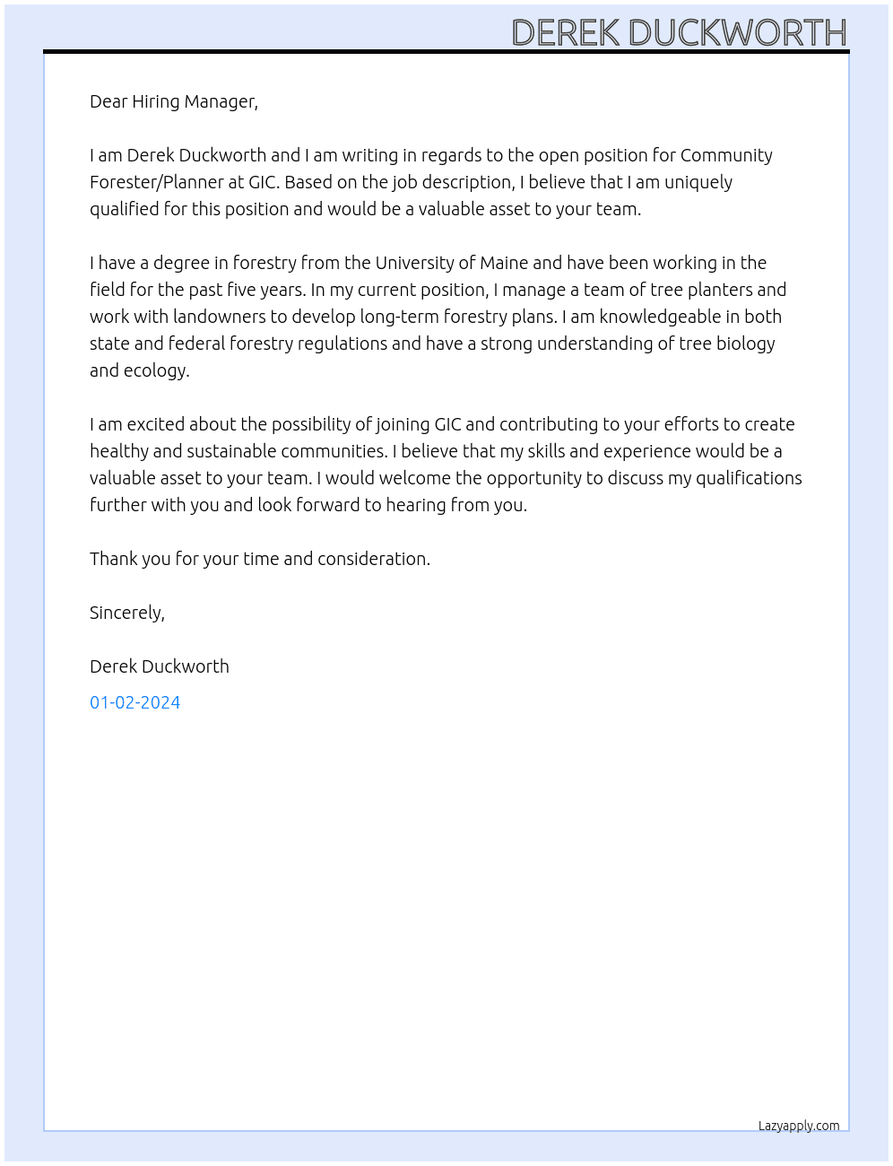 Community Forester/Planner At GIC Cover Letter