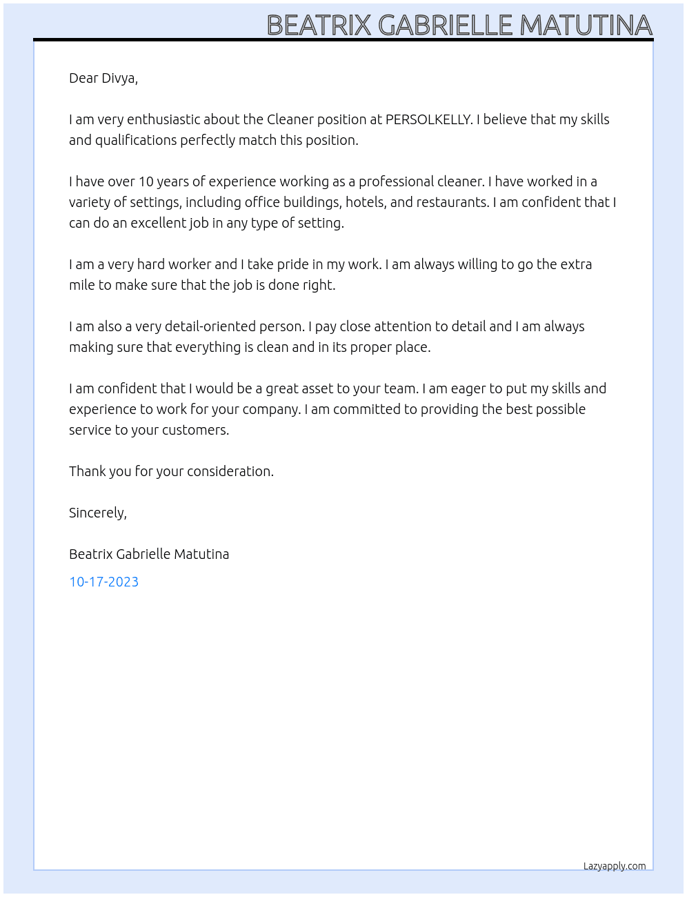 Cleaner At PERSOLKELLY Cover Letter