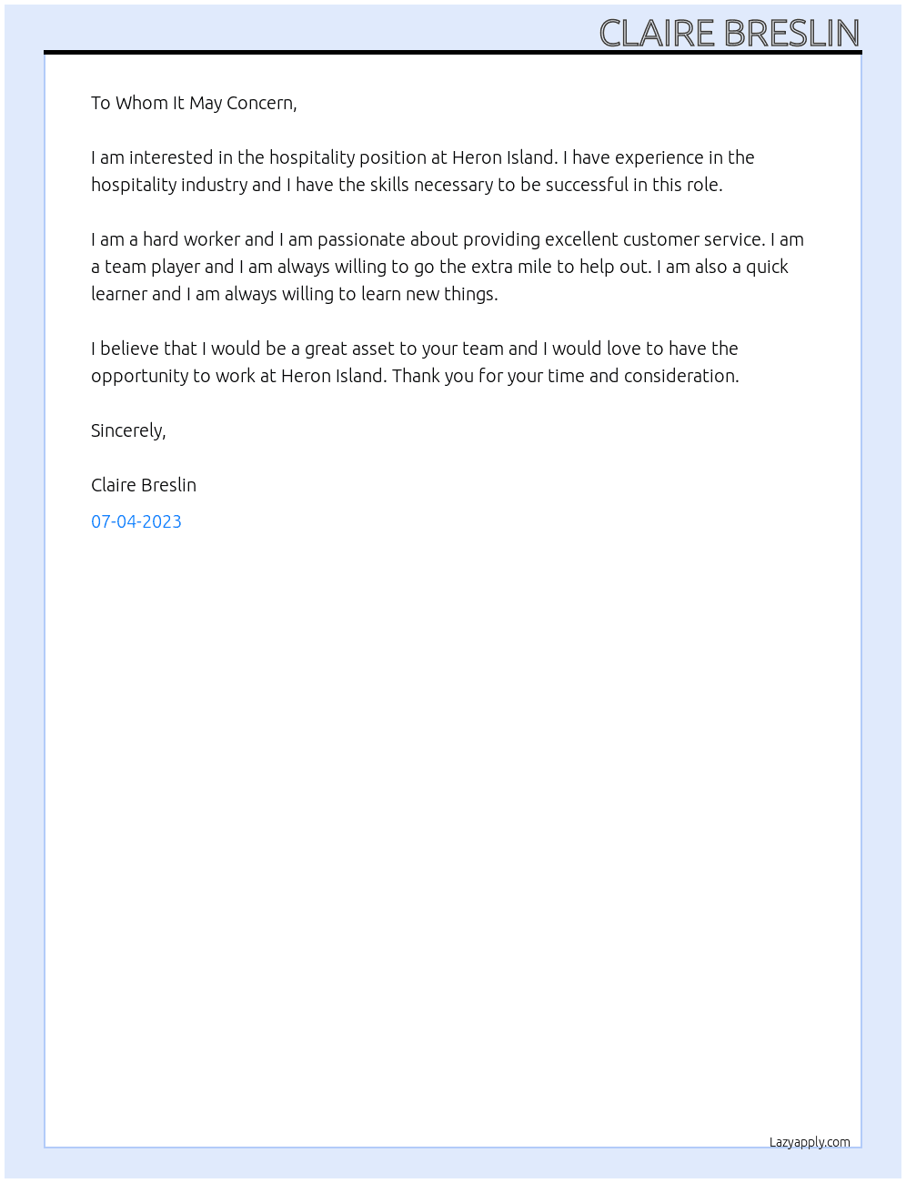 hospitality At Heron Island Cover Letter