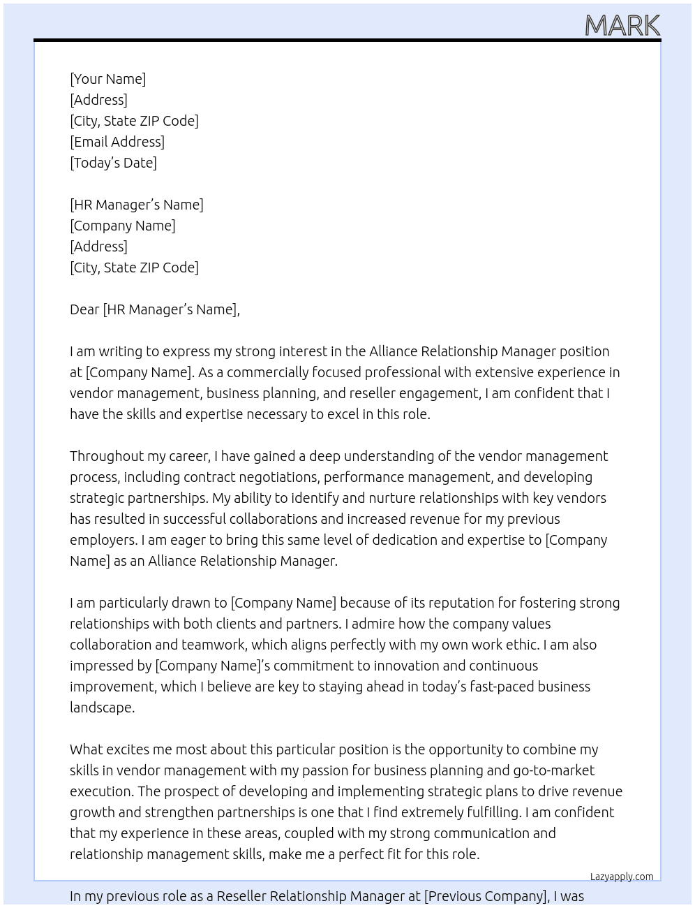 Alliance relationship manager At ARM Cover Letter