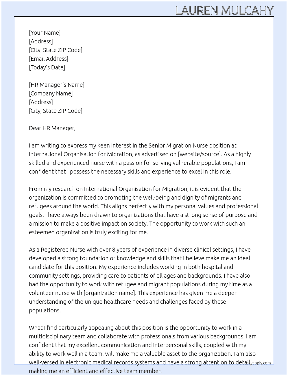 Senior Migration nurse At International Organisation for Migration Cover Letter