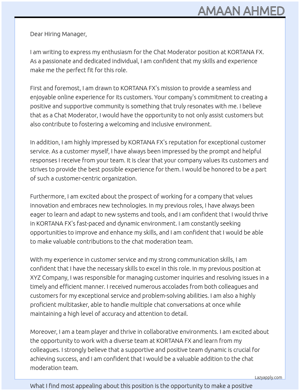 Chat Moderator At KORTANA FX Cover Letter