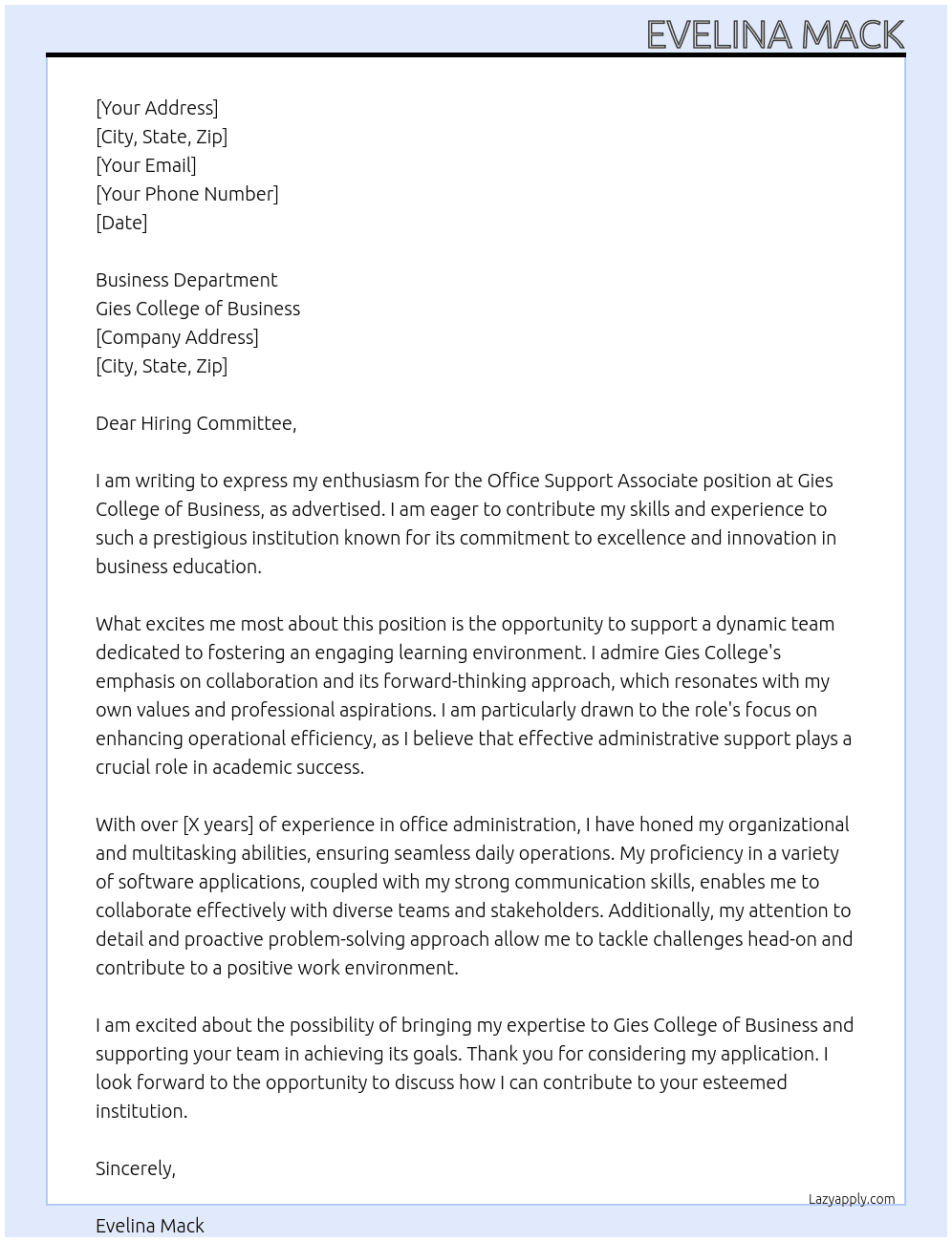 Office Support Associate At Gies College Business Cover Letter