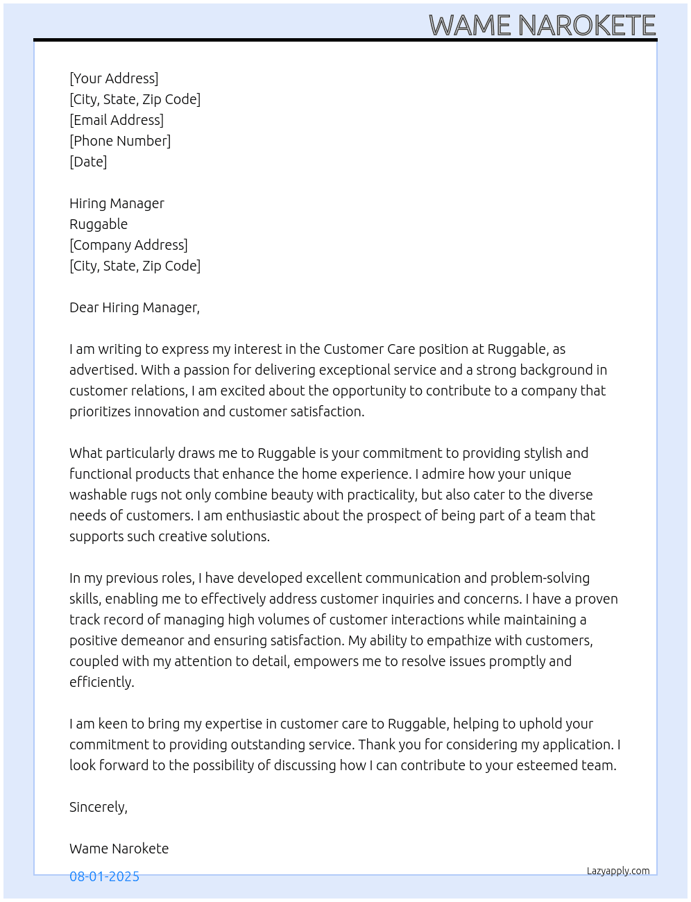 Customer Care At Ruggable Cover Letter