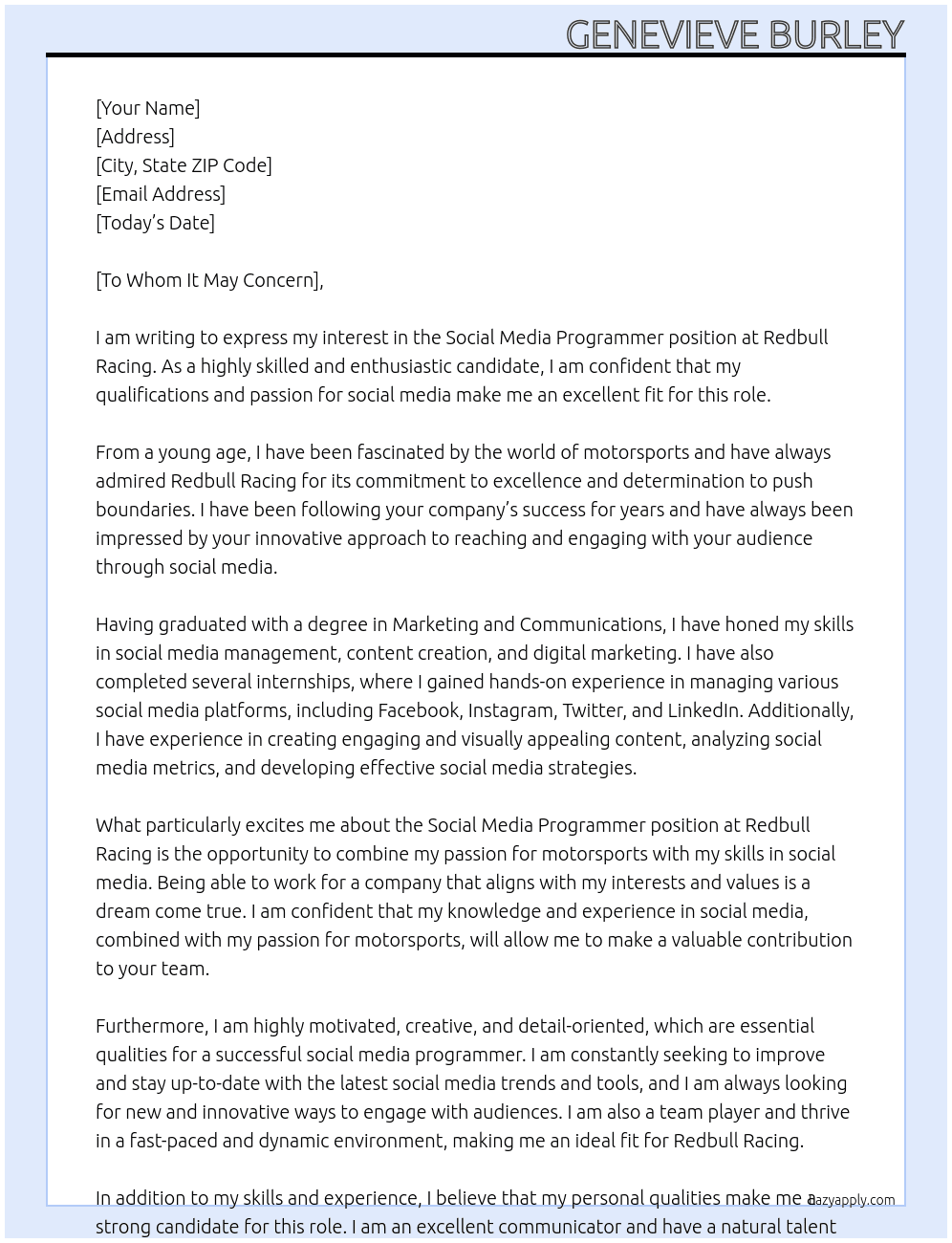 Social Media Programmer At Redbull Racing Cover Letter