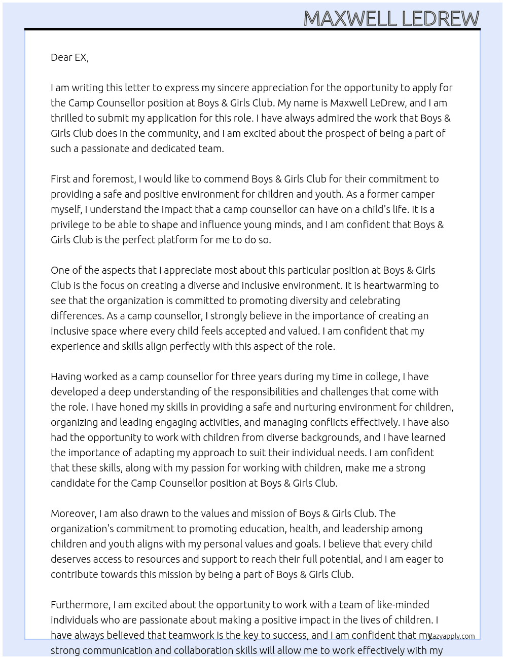 Camp Counsellor At Boys & Girls Club Cover Letter